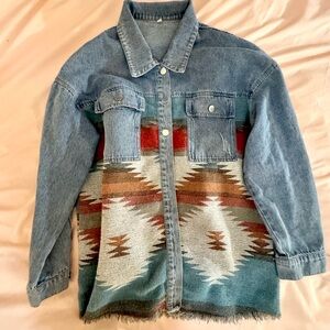 Women's Oversized Distressed Cutoff  Jean Jacket with Southwestern Design Sz L